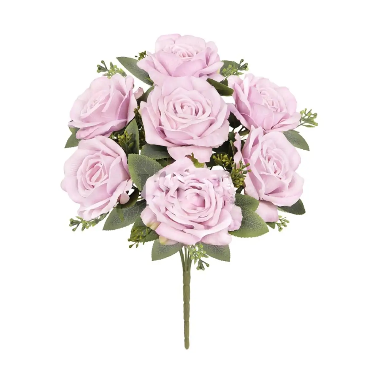 Elegant Rose Flower Bush w Gypsophila x7, 17in, Pink Lavender